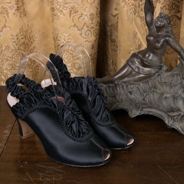 1930s Slippers - Size 8.5 - Decadent Black Satin Vintage 30s High Ruffled Peeptoe Daniel Green Boudoir Slippers s 