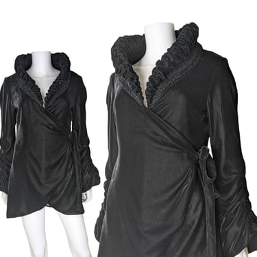 Vintage Black Velvet Robe, Medium / Ruffled Collar V Neck Robe / 90s Velvet Balloon Sleeve Bed Jacket / Gothic High Neck Lounge Jacket 