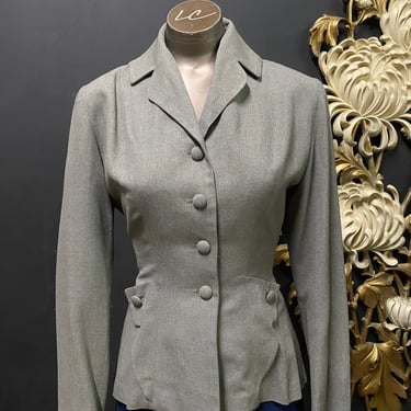 1940s suit jacket, gray wool, fitted, vintage blazer, film noir, girl Friday, x-small, peplum jacket, 25 waist, office attire 