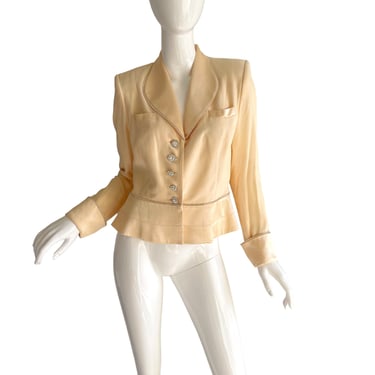 80s Criscione Cache Silk Tuxedo Jacket / Vintage Rhinestone Beaded Party Jacket / 1980s Ivory Evening Tailored Jacket xs small 