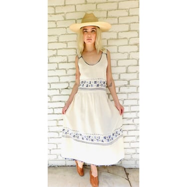 Hand Embroidered Dress // vintage 70s 1970s boho hippie off white ivory midi high waist Mexican hippy 70's // S/M 