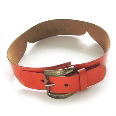 Womens' Vintage ORANGE Leather Belt with Scalloped Edge, Mahler Top Grain Cowhide Belt, Gold Tone Buckle  / Size 24 