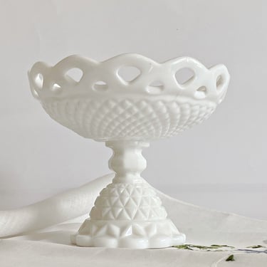 Vintage milk glass open compote, Imperial glass white lace edge pedestal bowl, candy dish 