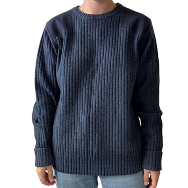 LL Bean Mens 100% Lambs Wool Ribbed Navy Blue Elbow Patch Crewneck Sweater Sz L 