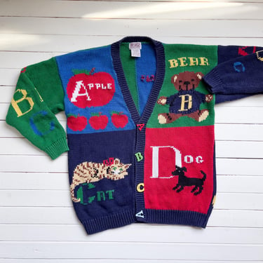 cute embroidered sweater 80s 90s vintage PBJ Sport teacher alphabet cat dog bear cardigan 