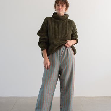 Vintage 26-36 Waist Stripe Flannel Drawstring Easy Pant | Green Brown High Waist Holiday Cotton Pajama Pants | FL047 