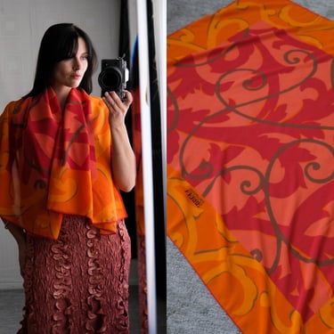 Vintage 80s GIANFRANCO FERRE Orange Baroque Print Large Silk Crepe Scarf | 100% Silk | 41x52 | 1980s FERRE Designer Large Silk Shawl Scarf 