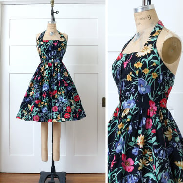 vintage 1990s black floral sundress • cotton retro 90s does 50s halter full skirt dress 