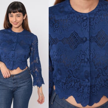 70s Lace Blouse Dark Blue Puff Sleeve Crop Top Button up Shirt Scalloped Cropped Tailored Party Blouse Romantic Vintage 1970s Small Medium 
