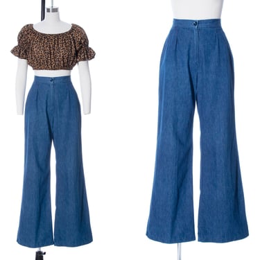 Vintage 1970s Jeans | 70s Bell Bottom Blue Denim High Waisted Flared Wide Leg Boho Pants (small) 