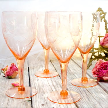 VINTAGE: 3pc Pink Floral Etched Wine Glasses - Antique Rose - Optic Depression Glasses - Wine Glasses - Goblets - SKU 00032550 