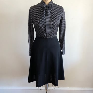 Black and White Polka Dot Dress with Neck Bow - 1970s 