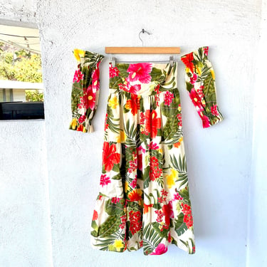 Vintage 90s Hawaiian Hibiscus Floral Dress Strapless Tiered Ruffle Palm Dress with Detached Sleeves 