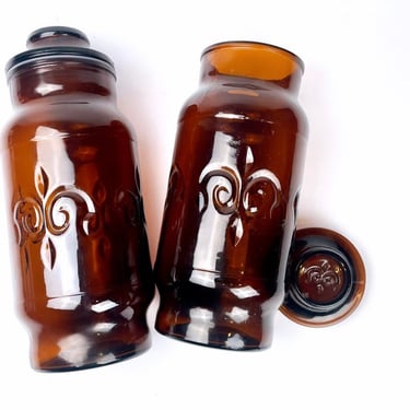 1970s Mid-Century Dark Amber Glass Apothecary Lidded Jars | Fleur De Lis 2/set 