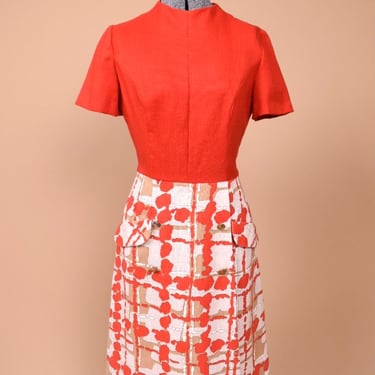 Red 60s Wrap Skirt Linen Dress By Leslie Fay, XS