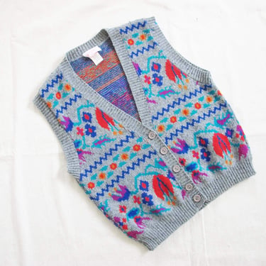 Vintage Floral Wool Sweater Vest S M - 1980s Gray Red Cottagecore Knit Button Up Vest 