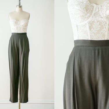 high waisted pants | 80s 90s vintage olive green brown dark academia pleated trousers 