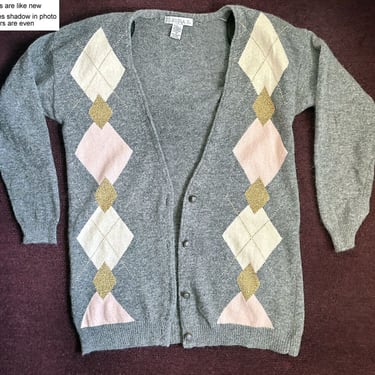 Vintage Angora Sweater Cardigan Argyle Pink Grey 1990's, Claudia D, Lambs Wool Top Shirt Jacket, Oversized Long Sweater Preppy 