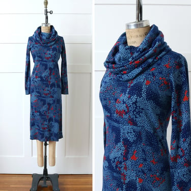 French vintage 1970s knit dress with oversized cowl neck • blue floral dVF style turtleneck dress 