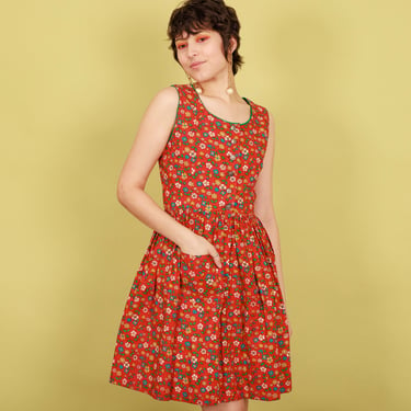 40s Red Tiny Flower Print Folk Dress Vintage Printed Austrian Summer Dress 