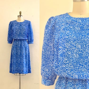 vintage 80's blue swirl print dress 