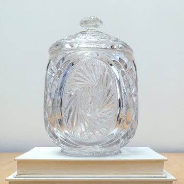 Antique Clear Glass Apothecary Jar, Intricate Cut Glass Lidded Storage Canister with Star Pattern, Use for Kitchen, Bath or Cookie Jar 