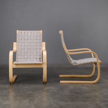 PAIR: Vintage Alvar Aalto Model 406 Lounge Chairs in Birch and Gray Linen Mid-Century Modern 