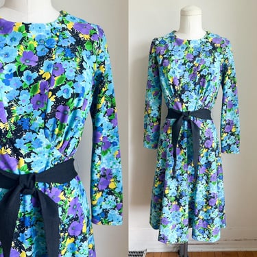 Vintage 1970s Blue & Purple Floral Day Dress / M 