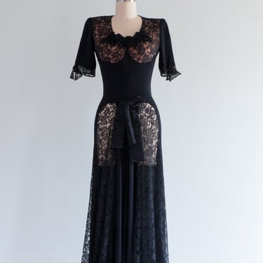 Rare 1940's Sophie Gimbel Silk Evening Gown With Illusion Lace / Small