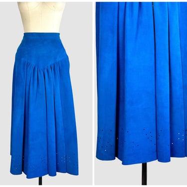 BLUE SUEDE Vintage 80s Maxi Skirt | 1980s Real Suede Long Skirt | Made in England | Size Small 