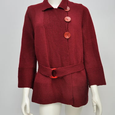 antique 1920s 1930s burgundy cardigan sweater w/ belt & buttons S-XL 