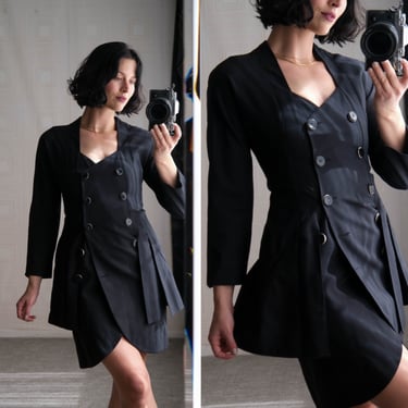 Vintage 80s KARL LAGERFELD Black Double Breasted Military Style Silhouetted Jacket Dress | Made in France | 1980s LAGERFELD Designer Dress 