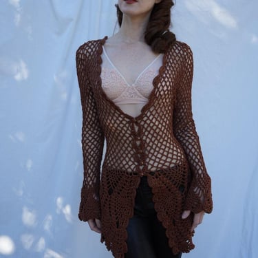 y2k open Knit Cardigan / Copper Brown Crochet Sweater / Flared Sleeves Cardigan 