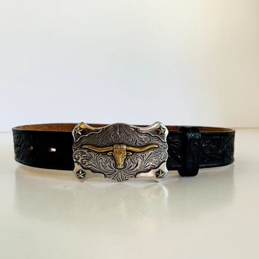 Vintage Black Leather Concho Belt with Horse Hair, 80  display picture 1