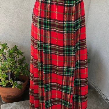 Vintage red plaid fuzzy wool blend Maxi shirt pleated wrap sz L by Town Sport New York 