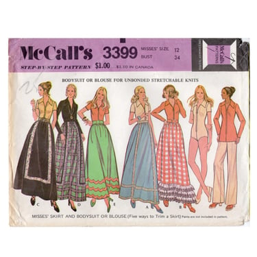 Vintage 1972 McCall's Sewing Pattern 3399, Misses' Skirt and Bodysuit or Blouse for Stretch Knits, 5 Ways to Trim a Skirt, Size 12 Bust 34 