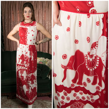 1970s Dress - Late 1960s/Early 70s Casandra Novelty Print Print Dress with Bright Red and White Elephants 
