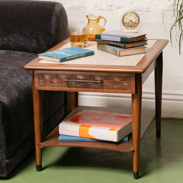 Travertine Basketweave Side Table with Drawer