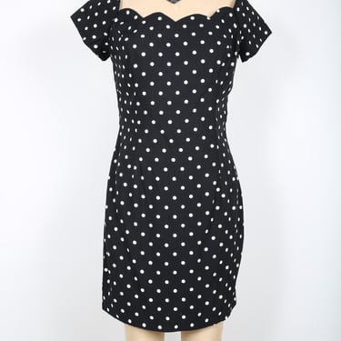 80s 90s Vintage Black and White Polka Dot Dress Summer Kentucky Derby Party 