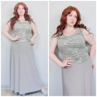 1990s Vintage Grey / Silver Sequin Ruched Gown / 90s Poly / Spandex Knit Evening Dress / Size Medium - Large 
