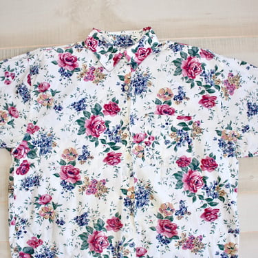 Vintage 90s Floral Shirt, 1990s Button Down Shirt, Flower Print, Short Sleeve, Cottagecore, Collar, White, Rose, Oversized 
