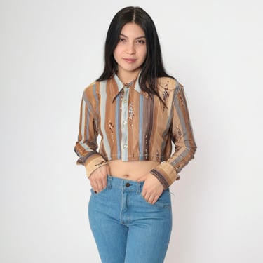 Striped Crop Top 70s Raindrop Print Blouse Button up Cropped Shirt Long Sleeve Disco Brown Green Boho Retro Vintage 1970s Small Medium 