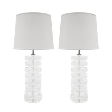 Pair of Chic Table Lamps in Stacked Solid Lucite 1980s