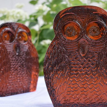 Blenko Owls Bookends in Amber 