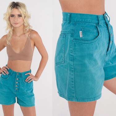 Turquoise Denim Shorts 90s Jean Shorts Exposed Button Fly High Waisted Blue High Rise Retro Basic Plain Vintage 1990s Extra Small xs 