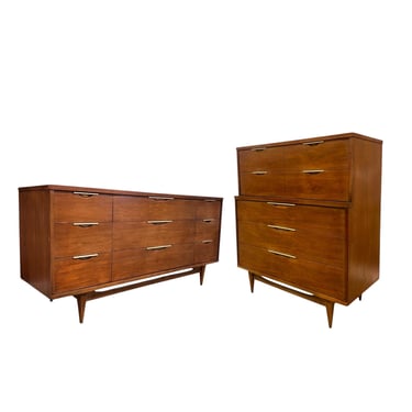 Free shipping within continental US - Vintage Mid Century Modern Solid Walnut 9 Drawer Dresser and a 5 Drawer Chest Set by Kent Coffey. 