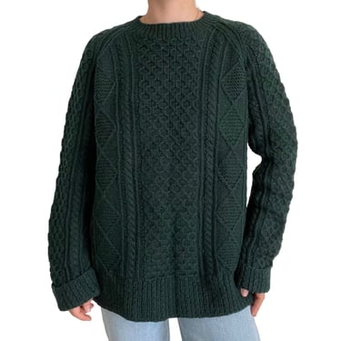 Vintage 90s The Limited Emerald Green Wool Hand Knit Cable Fisherman Sweater XL 