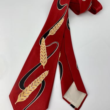 1940's Swirly Printed Tie - Swirls with Wheat Flowers - on Deep Red with Yellow, Black, Gray & White 