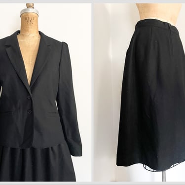 Vintage ‘80s Panther skirt suit | black wool blazer & skirt, gathered shoulders, ladies S/M 