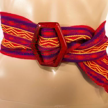 Vintage Boho Belt Boho Liz Claiborne Woven Red Orange Stripes Belt Western Cowgirl Southwestern Plastic Buckle Large 1960s 1970s 